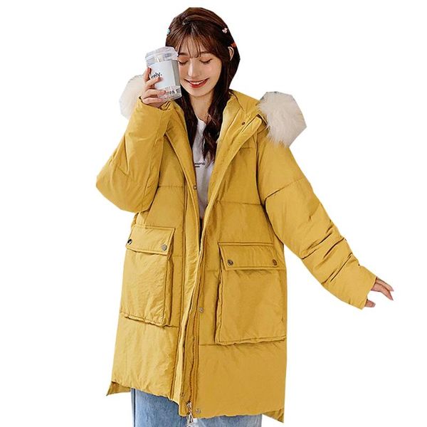 

women's trench coats women coat fur collar casual warm winter jacket loose medium and long style thickened 801, Tan;black