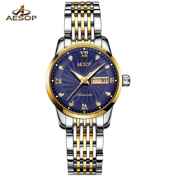 

aesop brand women's fashion gold clock woman waterproof calendar automatic mechanical sapphire luxury relogio feminino, Slivery;brown