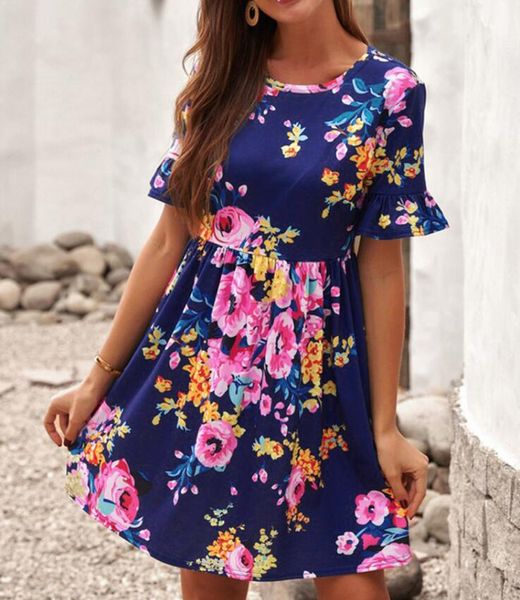 

dark blue tees blouse floral dress midwaist with round neck pullover printed knee-length skirt 223594, Black