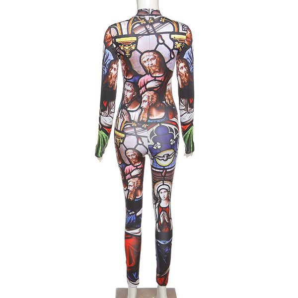

shestyle painting church zipper jumpsuits women 2021 autumn winter new arrivals sporting skinny casual sportwear streetwearby, Black;white
