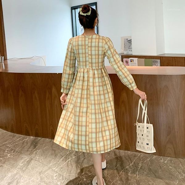 

spring long sleeve maternity vintage dress plus size fashion plaid cotton linen high waist pregnant woman loose1, White