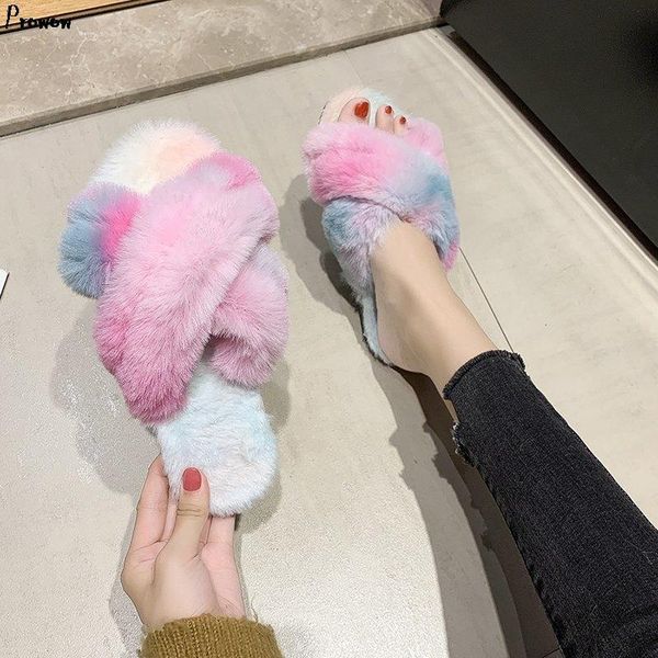 

fur slides for women furry sandals woman female indoor shoes fluffy plush with slippers flip flops 2021 fashion, Black