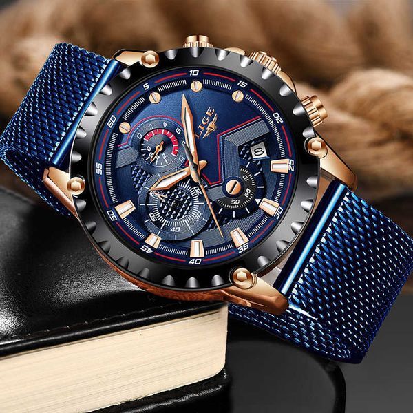 LIGE Blue Casual Mesh Belt Watch Men Fashion Quartz Mens Orologi Top Brand Luxury Orologio impermeabile Relogio Masculino 210527