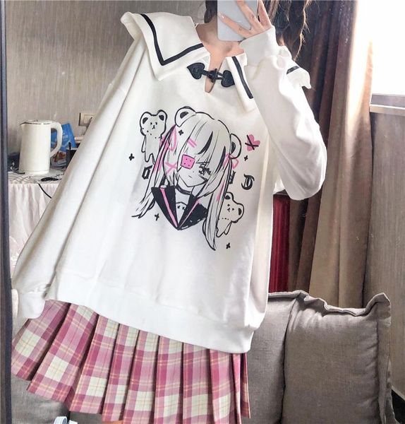 

women's hoodies & sweatshirts early autumn girls navy collar cartoon girl bear print buckle long sleeve pullover women white sweatshirt, Black