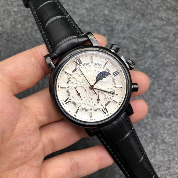 

0-2mens watches montre de luxe leather strap 3 dial work fashion designer quartz stainless steel business outdoor sports watch, Slivery;brown