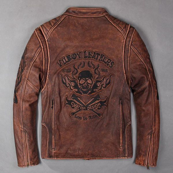 

men's leather & faux skulls vintage cow motorcycle jacket stand collar genuine biker men slim fit brown coat, Black