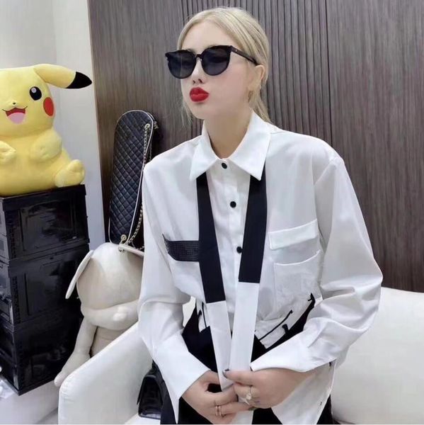 

2021 spring and summer fashion shirt chiffon long sleeve classic personality women's blouses embroidery craft cardigan send tie, White