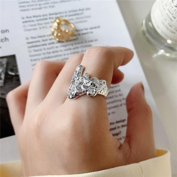 

cluster rings pofunuo real 925 sterling silver women geometric irregular bump mapping female punk hyperbole heteromorphism open, Golden;silver