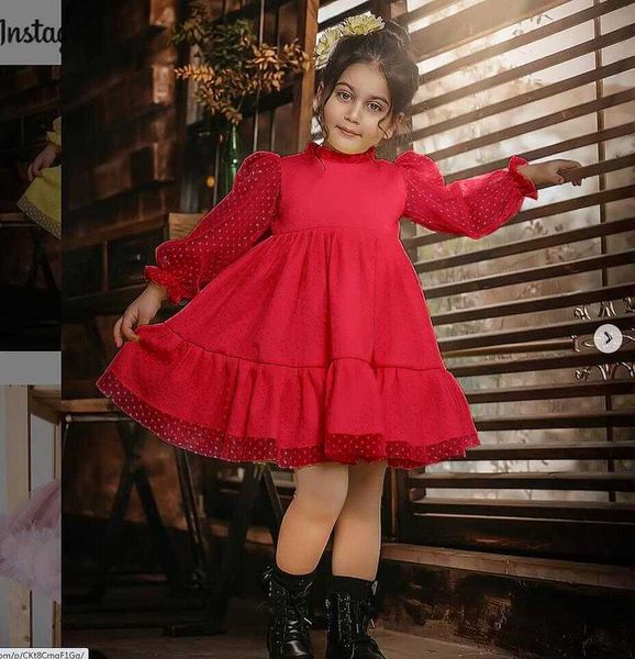 

autumn long sleeve kids dresses for girls children christmas lace flower vestidos teen cute girl new year dots princess clothes g1026, Red;yellow