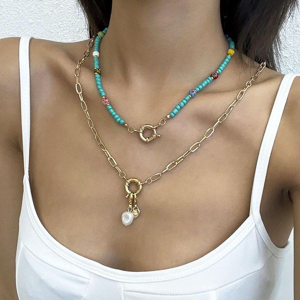 

pendant necklaces vintage beach seed beads thick chain pearl necklace for women multilayer geometric clavicle collar jewelry, Silver