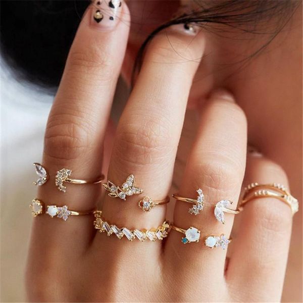 

cluster rings letapi bohemian crystal flower butterfly midi knuckle ring set for women gold color geometric finger vintage jewelry, Golden;silver
