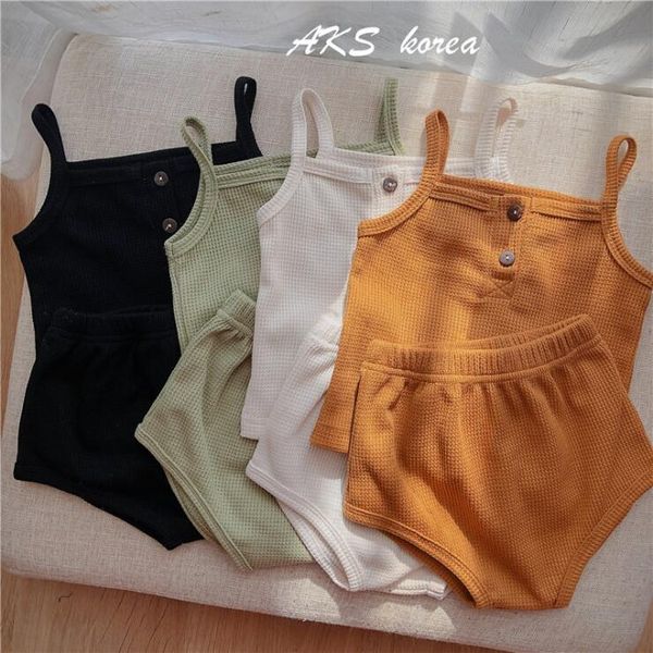 

baby girl kids summer clothing sets solid color suspender shirt + short child clothes set, White