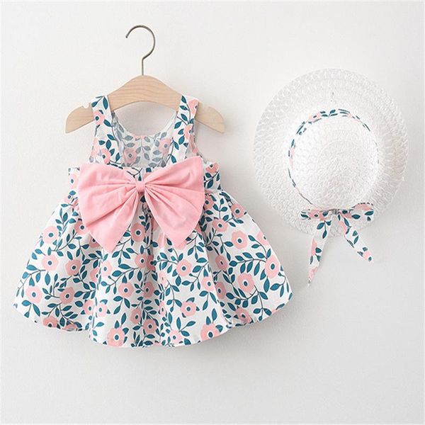 

clothing sets 2pcs baby girls breathable cotton summer casual set sleeveless floral dress+hat for children girl 6month-3year, White