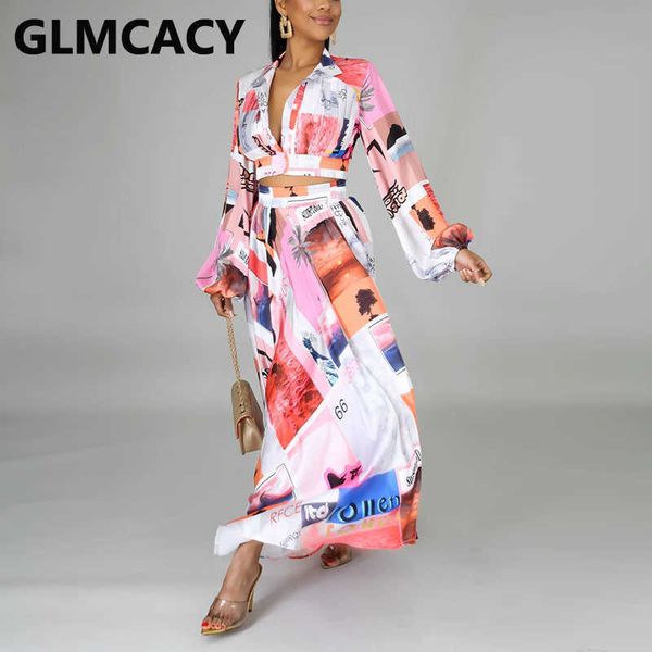 

two pieces sets women paper printed long sleeve shirt & maxi skirts 210702, White
