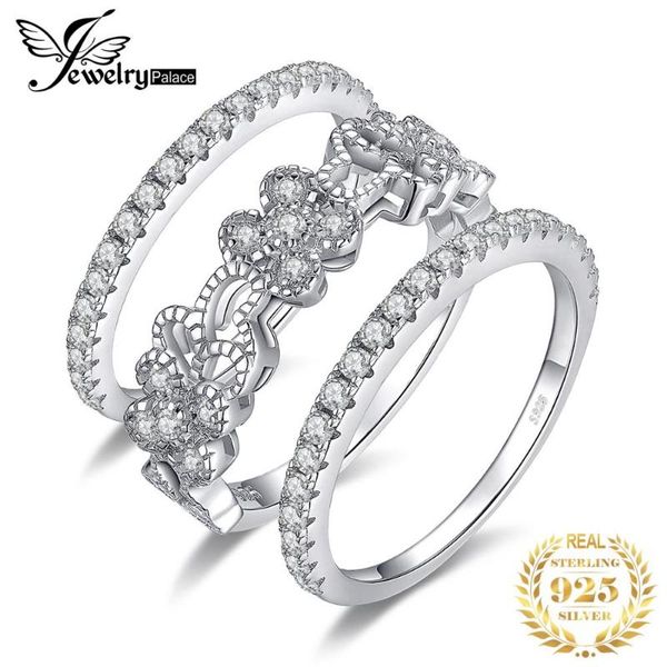 

cluster rings jewelrypalace flowers cubic zirconia cz stacking ring 3 tips eternity engagement wedding band 925 sterling silver, Golden;silver