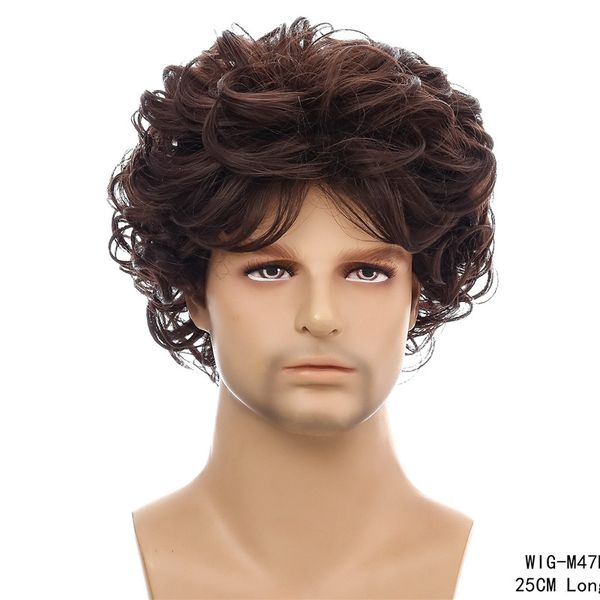 Parrucca sintetica da uomo ondulata Colore marrone Parrucche Perruques de cheveux humains Simulazione Parrucche di capelli umani Remy WIG-M47B