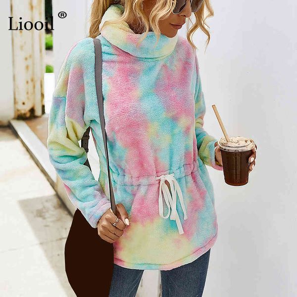 

knits casual knitted tie dye pullovers women long sleeve drawstring turtleneck female winter print warm wear sweatshirts, White