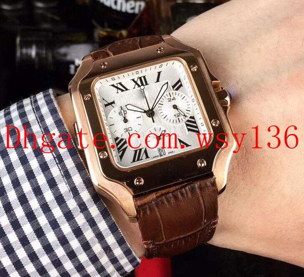 

mens wristwatches 100 xl 40mm 18k rose gold japan multi-function chronograph quartz movement men's watches brown leather band, Slivery;brown