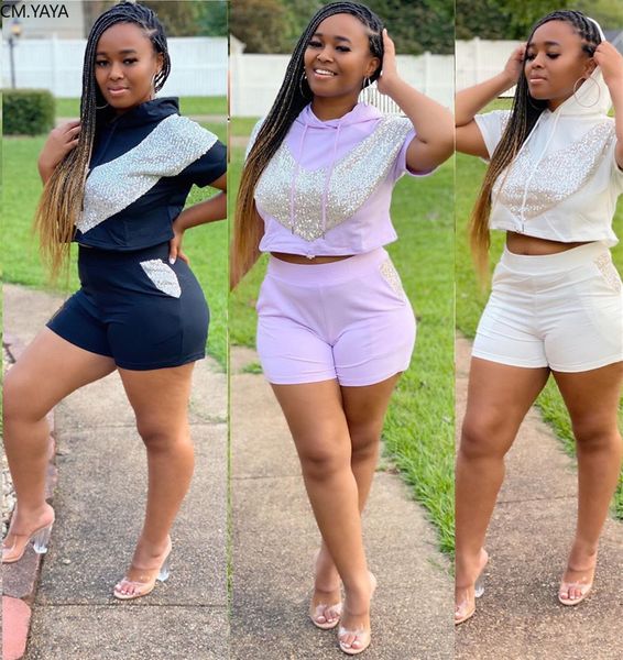 

sport women set two pieces sets trasuits sequins hooded tee shorts jogger sweatpants fitness outfits matching setby air, White
