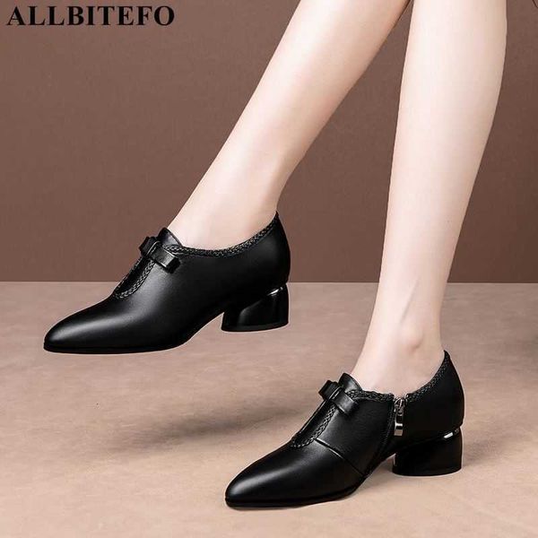 

allbitefo size 34-42 bow design natural genuine leather women heels shoes pointed toe fashion kitten heels high heel shoes 210611, Black