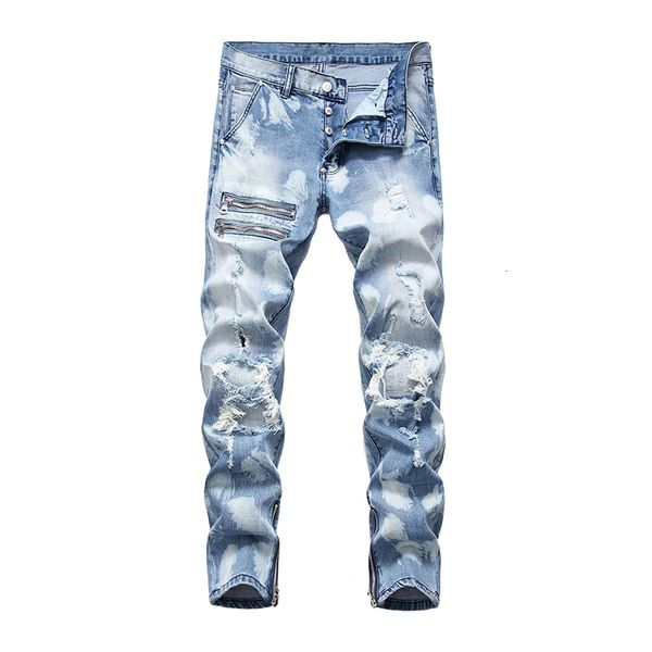 

men's jeans zippers ripped jeans plus big size light blue tie and dyed holes patchwork denim pants buttons fly trousers h2ag
