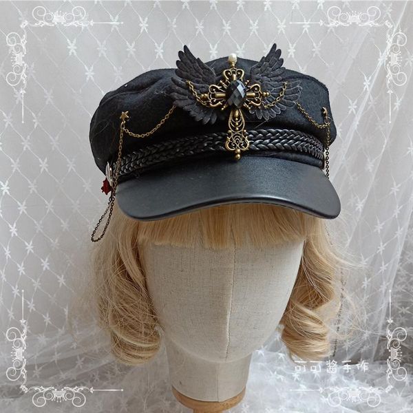 

party masks cool girl gothic dark black beret women autumn winter casquette peaked cap metal chain lolita fashion harajuku jk hat