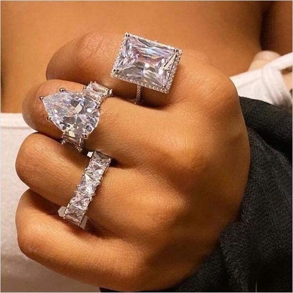 

cluster rings 2021 luxury cocktail wedding ring finger bridal jewelry four styles baguette diamond square oval drop stone for women, Golden;silver