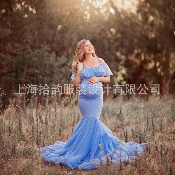 

luxury casual drswomen's lace pregnant women's tailing short jumpsuit long skirt pography flying sleeve drs, Black;gray