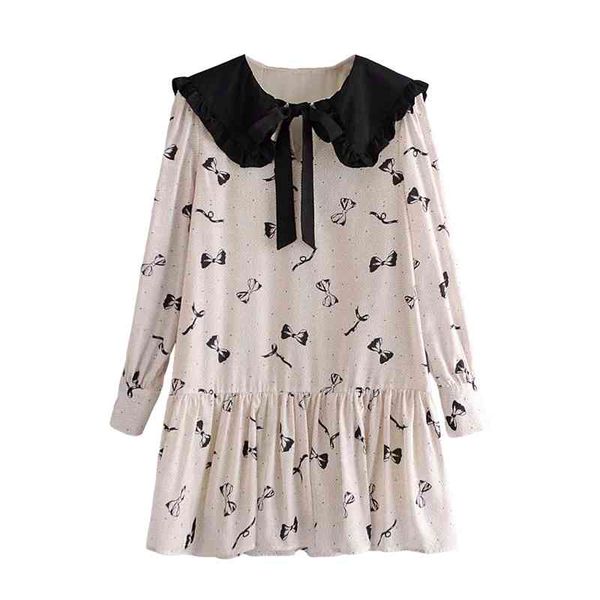 

sweet women polka dot bow print dresses fashion ladies collar loose dress elegant female chic patchwork vestidos 210427, Black;gray