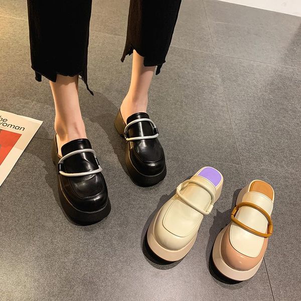 

slippers net celebrity mules thicken soled women platform sandals summer shoes woman flip flops creepers cover toe slides 2021, Black