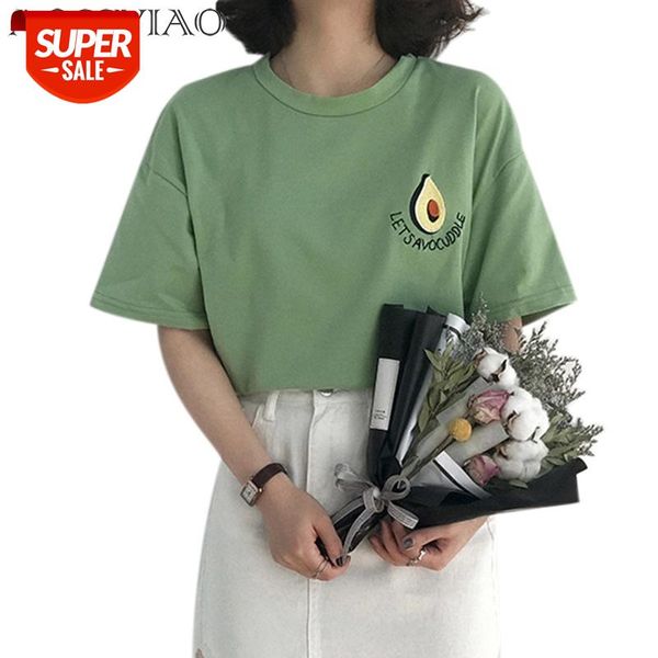

2021 new style summer cute avocado embroidery short sleeve t-shirt womens small fresh casual tees female loose t shirt #ua6r, White
