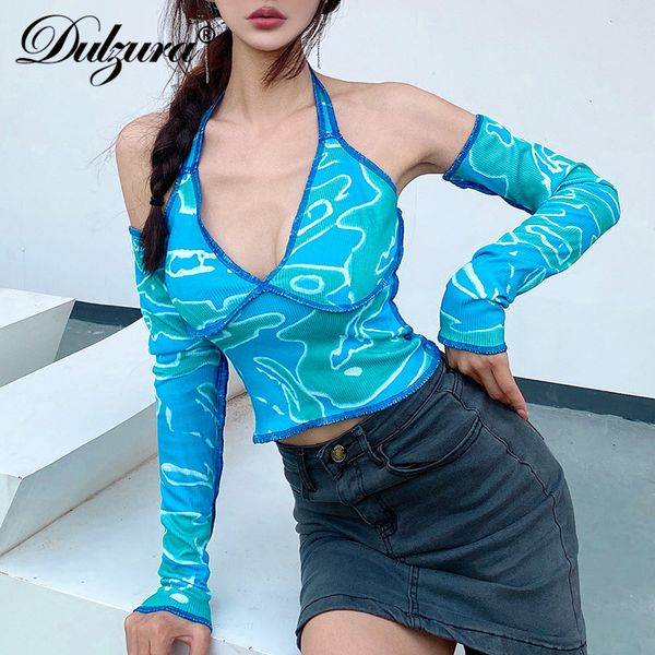 

dulzura tie dye ribbed patchwork women crop halter tanks gloves v neck bodycon streetwear party clubwear festival, Black;white
