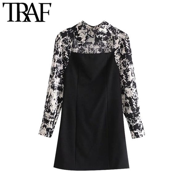 

women chic fashion patchwork printed mini dress vintage long sleeve side zipper female dresses mujer 210507, Black;gray