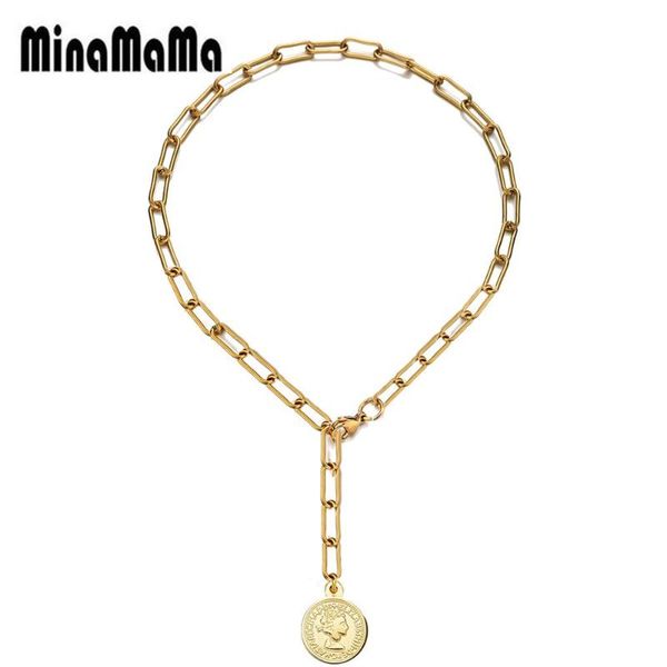 

stainless steel paperclip chunky chain coin beauty head pendant y shape necklace for woman portrait choker gift jewelry necklaces, Silver