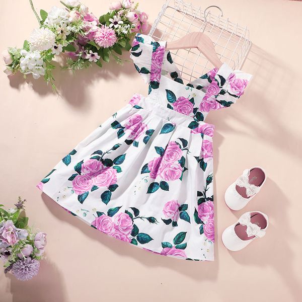 Mädchen Blumendruck Rückenfreie Kleider Sommer 2021 Kinderkleidung Boutique 1-5T Kleine Mädchen Sleeveles Prinzessin Kleider