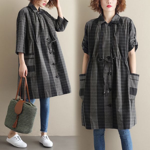 

sleepwear summer korean shirt large chess size seven-point thin string blunt female long loose bluse f1106 hkta, Black;red