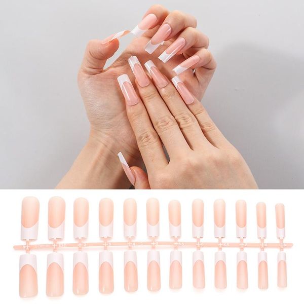 

false nails 24pcs extra long natural nude white french nail gradient fake square head press on easy wear artificial art tip, Red;gold