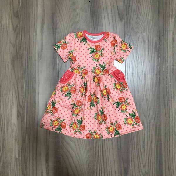 

arrivals summer baby girls dress coral floral pockets polka dot children clothes boutique milk silk knee length, White