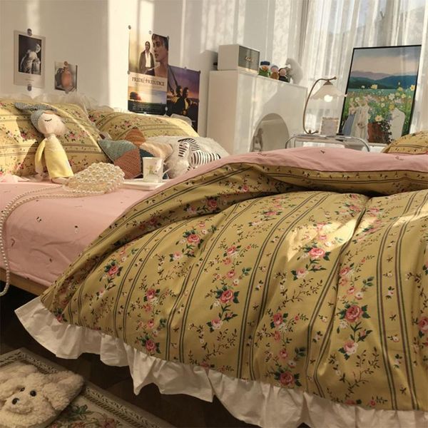 

bedding sets vintage pastoral yellow floral set kid teen adult,cotton twin full  home textile bed sheet pillow case quilt cover