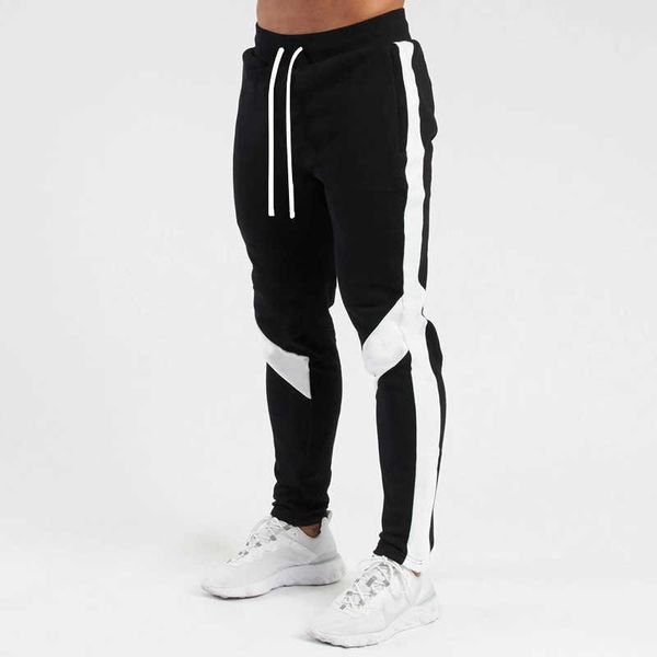 

joggers sweatpants men gyms fitness stripe tracksuit bottoms skinny casual pants solid color sportswear drawstring trousers men 210603, Black
