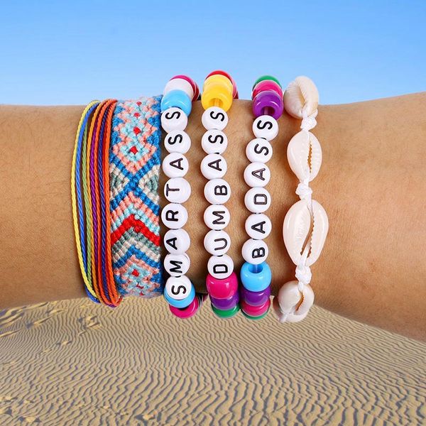 6 pcs / conjunto tecido tecido colorido grânulos charme braceletes letra shell azul vermelho rosa bracelete pulseira pulseira jóias presente para as mulheres