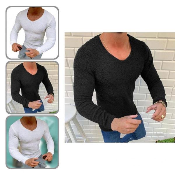 

men's casual shirts t-shirt solid color plush pure crew neck pullover men, White;black