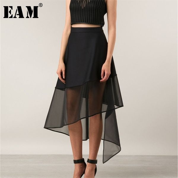 

[eam] spring summer woman temperament stylish black high waist spliced mesh irregular perspective half body skirt le460 210319