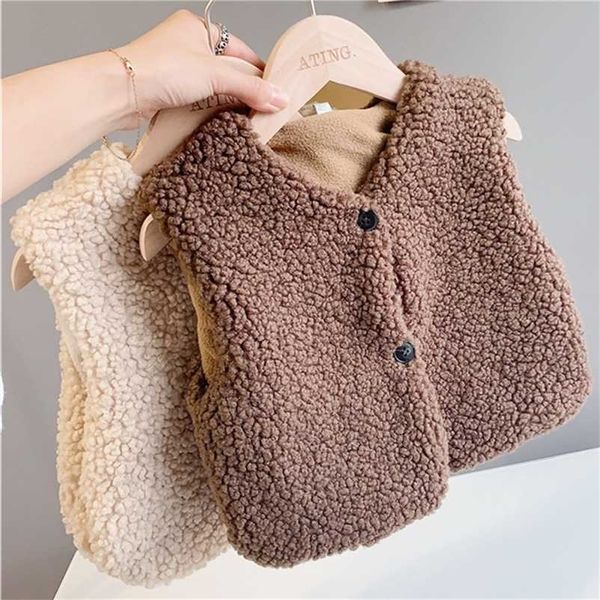 Outono inverno bebê mais relógio de veludo meninas meninos meninos colete de pelúcia único breasted v pescoço criança quente moda teddy cabelo casaco 211203