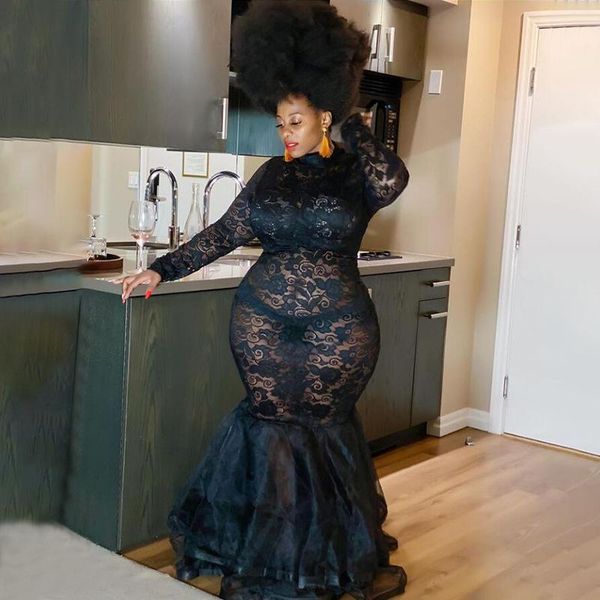 

plus size dresses black curved trumpet dress see-through lace nightclub skirt elegant party banquet special occasion wear 4xl