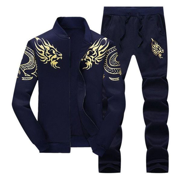 

men's tracksuits men long sleeve tracksuit spring autumn thin stand collar dragon printed sweatshirt two pieces set male casual sports, Gray