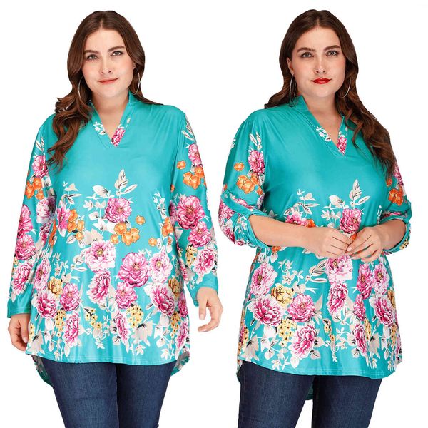 

women's plus size large t-shirt peony print 3 / 4 sleeve irregular fat woman a1681
