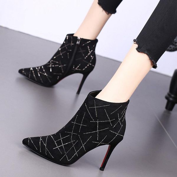 

shoes rhinestone ankle woman high heeled short boots thin heel women autumn/winter shoes pointed toes side zip black zlbk