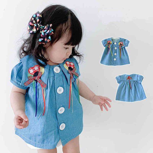 

girls' dresses japan style baby jean es girl sleeve one piece denim summer half birthday frocks infant lotia outfit, Red;yellow