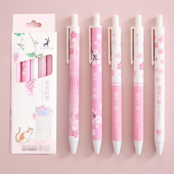 

gel pens 5pcs/set cute cat peach sakura print retractable 0.5mm black kawaii stationery for kids school office supplies